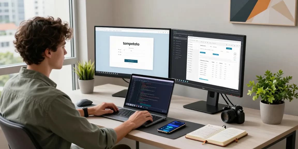 Engaging tempototo login workspace with dual monitors displaying analytics and user interface, modern tech environment.