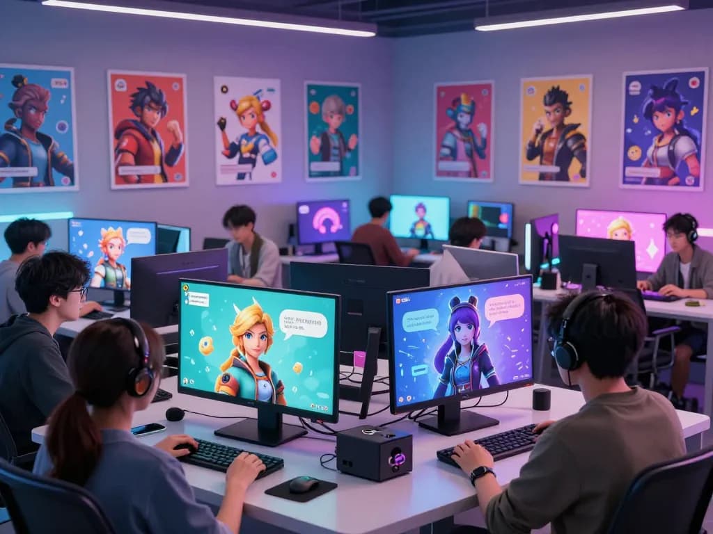 Engaged users in a Crushon IA interactive AI chat room with vibrant characters.