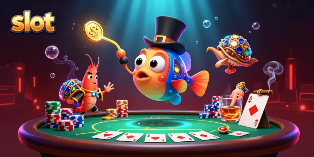 Slot menampilkan ikan pemancing 3D dengan topi, menarik koin emas dalam suasana kasino.