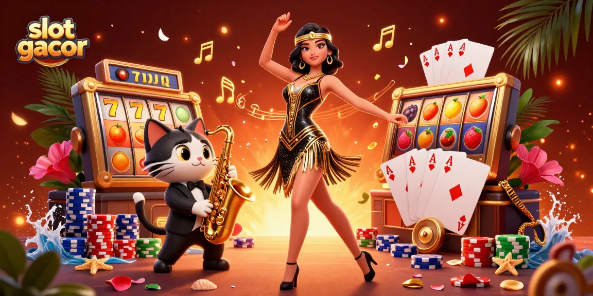 Engage with slot gacor in a vibrant 3D casino scene featuring a dancing woman and playful saxophone cat.