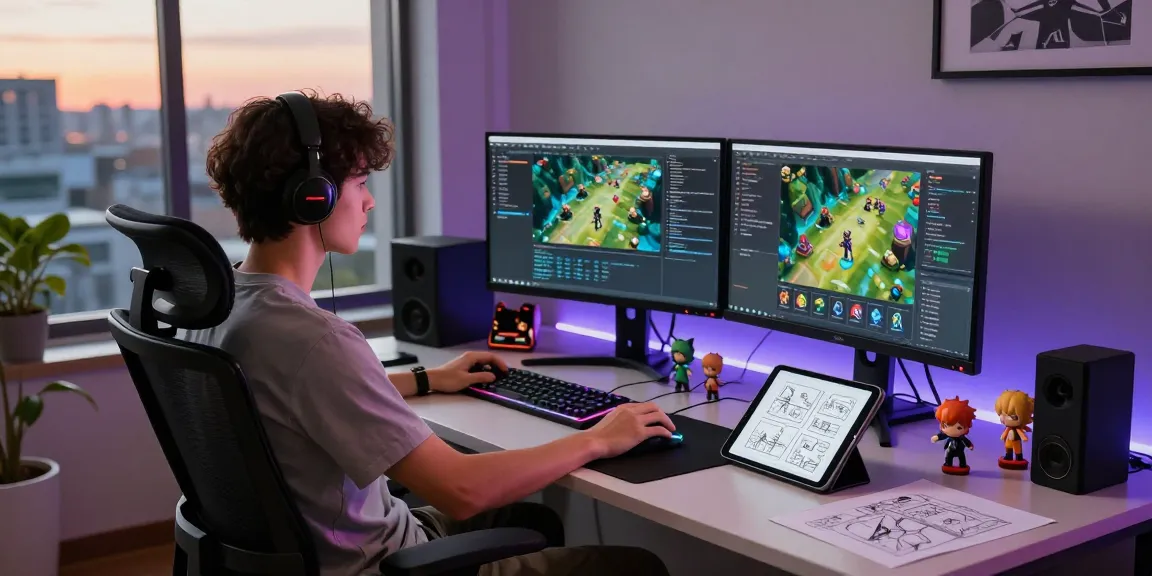 Pengembang game ligagalaxy bekerja di kantor modern dengan peralatan canggih.