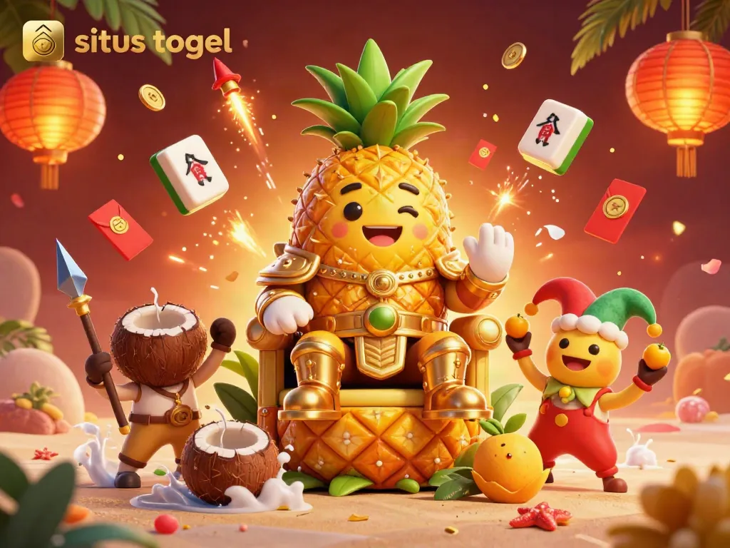 Engage in a vibrant situs togel atmosphere with a pineapple king, jester, and dynamic decorations in this 3D casino scene.