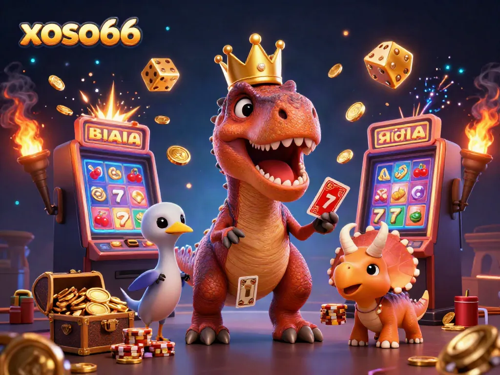 Engage with a vibrant gaming scene featuring xoso66 characters in action, showcasing a T-Rex shuffling cards.