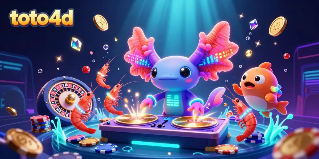 Engage with the fun of toto 4d through an exhilarating underwater DJ party with neon-colored characters and glowing casino elements.