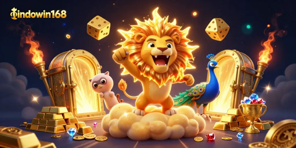 Experience indowin168's thrilling gaming adventure with vibrant golden elements, majestic characters, and a dynamic casino atmosphere.