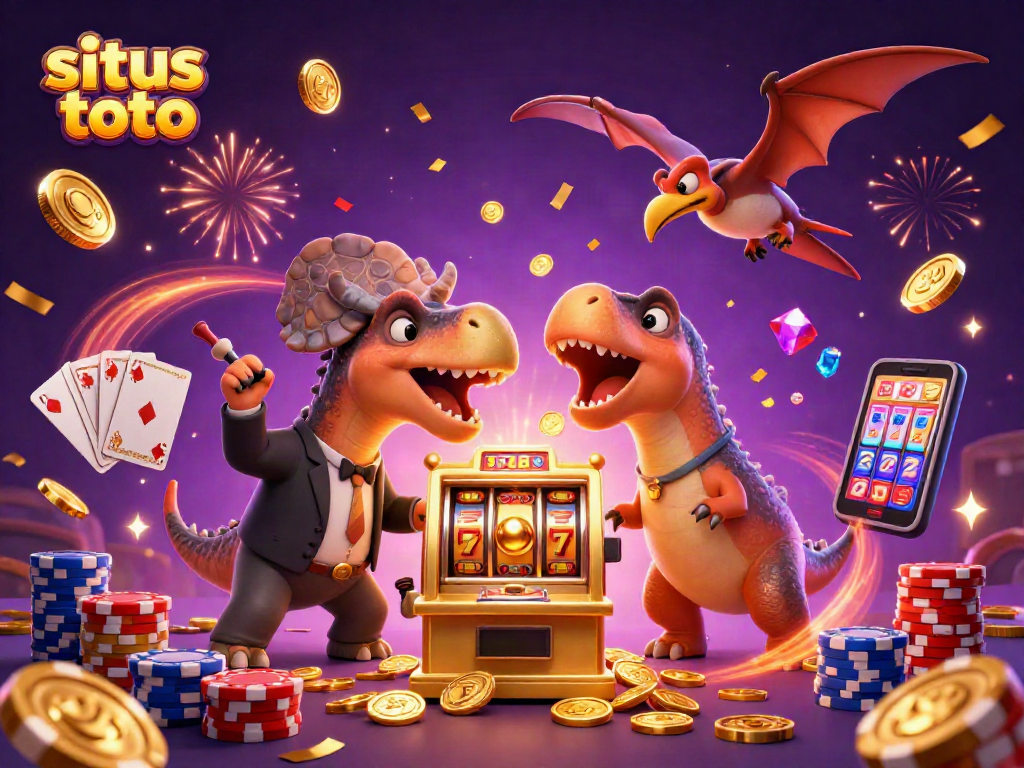Slot mesin otomatis situs toto membayar jackpot dengan koin emas terbang, menampilkan dinosaurus bertema kasino.