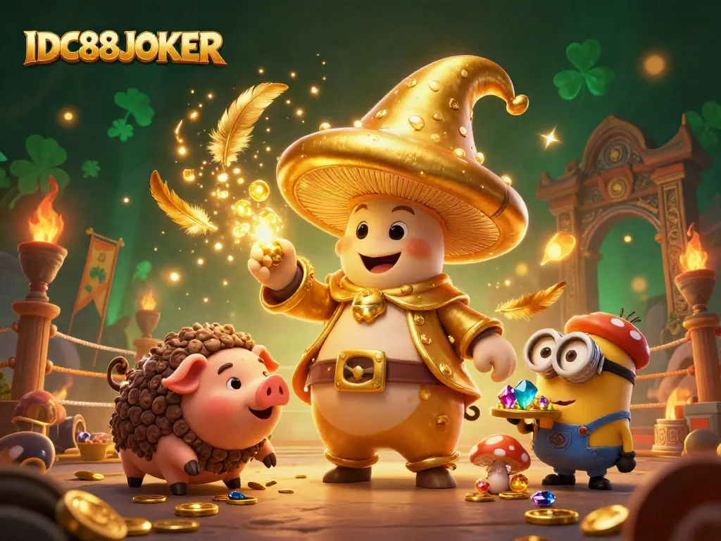 Discover thrilling treasures at IDC88JOKER with golden mushroom wizard surrounded by enchanted gems and gold coins.