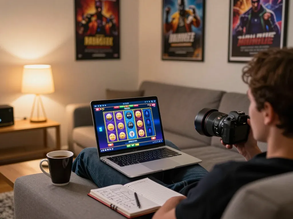Engaging with joylink free kredit while playing an exciting online slot game on a laptop in a cozy home setting.