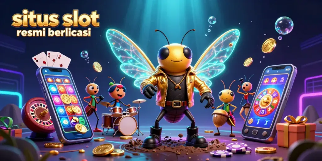 Situs slot resmi berlicensi showcases an energetic rock star scene with a cicada, beetle drummer, and vibrant casino game elements.