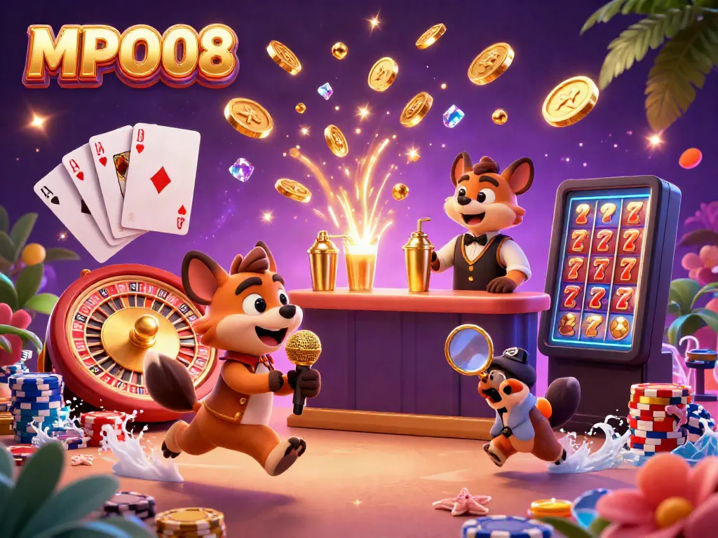 MPO08 dynamic casino illustration with hyena characters and casino elements celebrating gaming wins.