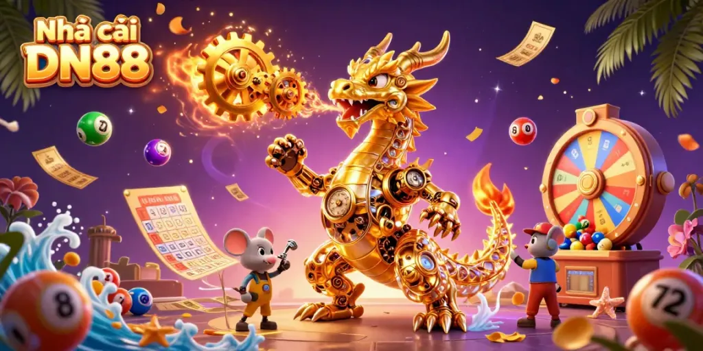 Engage with Nhà cái DN88 featuring a golden dragon and colorful lottery elements in a vibrant casino setting.