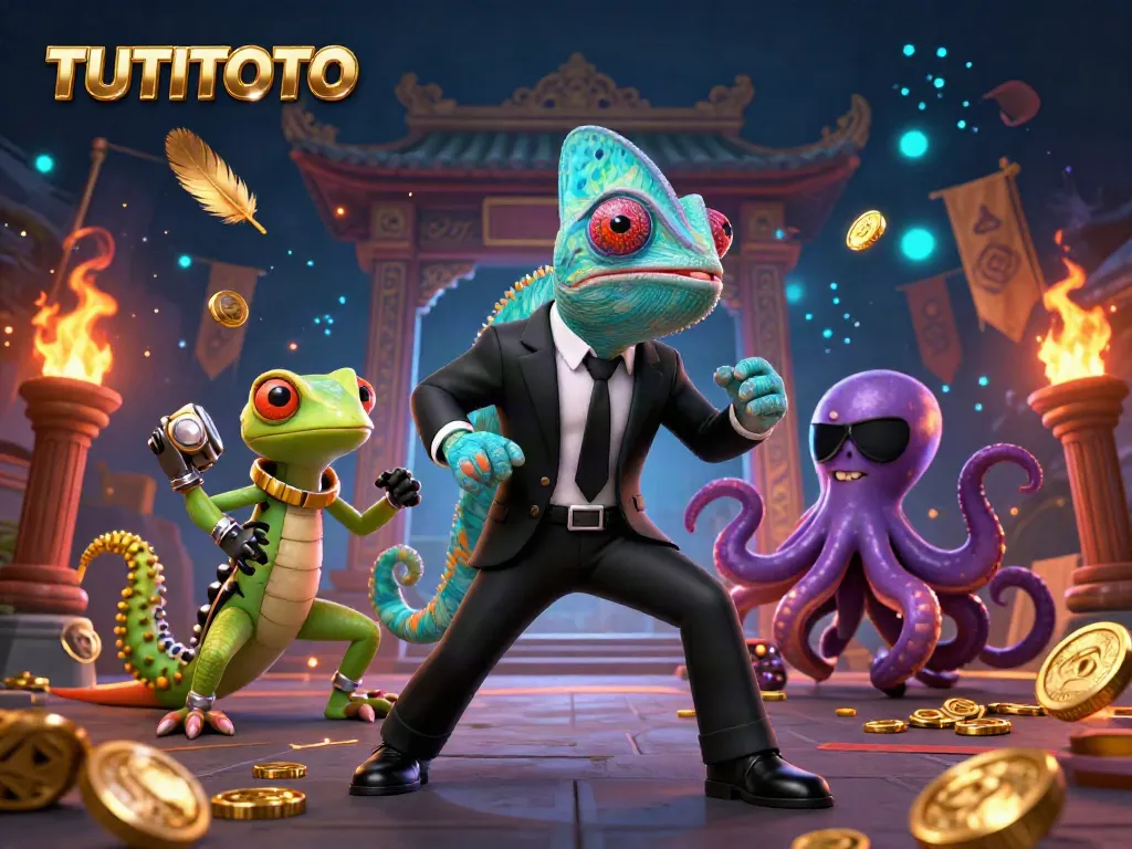 TUTITOTO features a dynamic illustration of a secret agent chameleon, tech-gecko, and villainous octopus in an exciting casino atmosphere.
