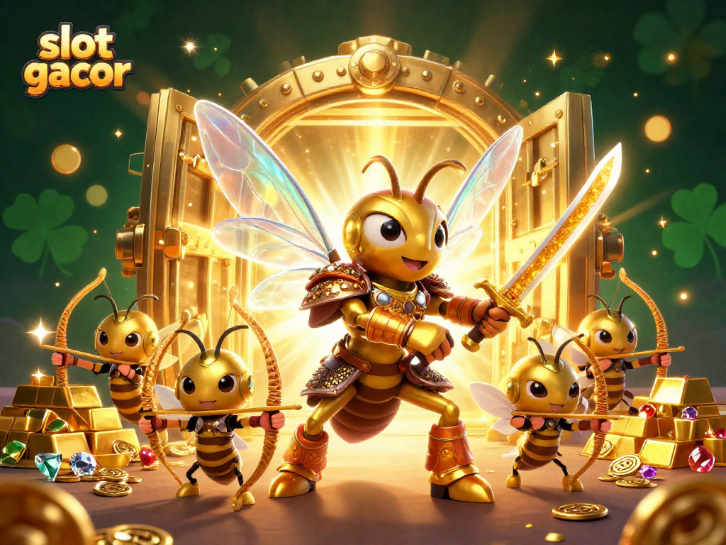 Slot gacor meraih kemenangan dengan simbol emas dan banyak harta di dalam ilustrasi 3D yang kaya detail.