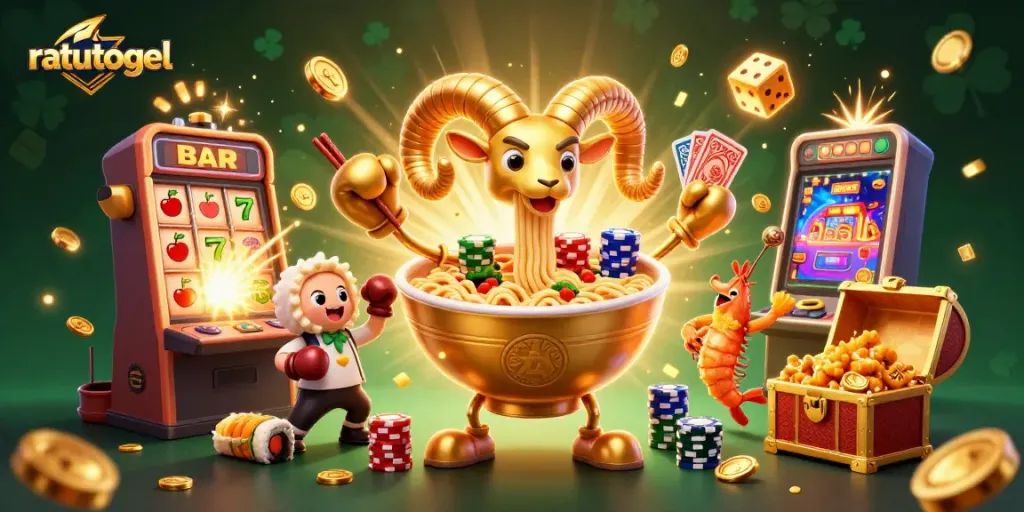 Experience the thrill of ratutogel with an exciting 3D casino illustration showcasing vibrant character interactions and gaming elements.