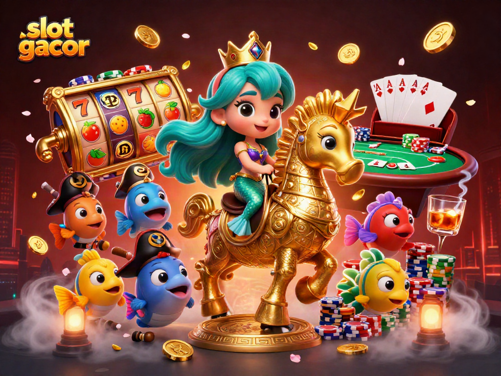 Menangkan slot gacor dengan gambar ilustrasi kasino yang penuh warna dan karakter menarik.