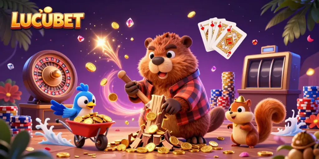 LUCUBET features a beaver character in a casino scene, collecting golden coins and playing cards.