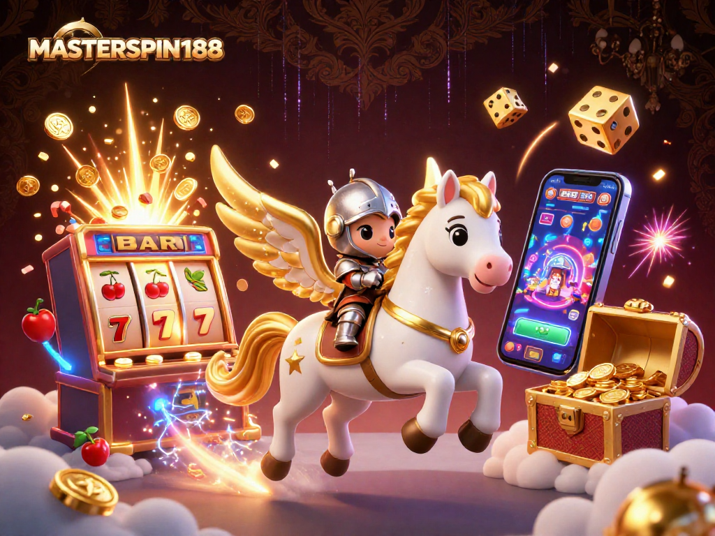 Spin the reels of MASTERSPIN188 with a celestial horse and knight amidst a treasure explosion!