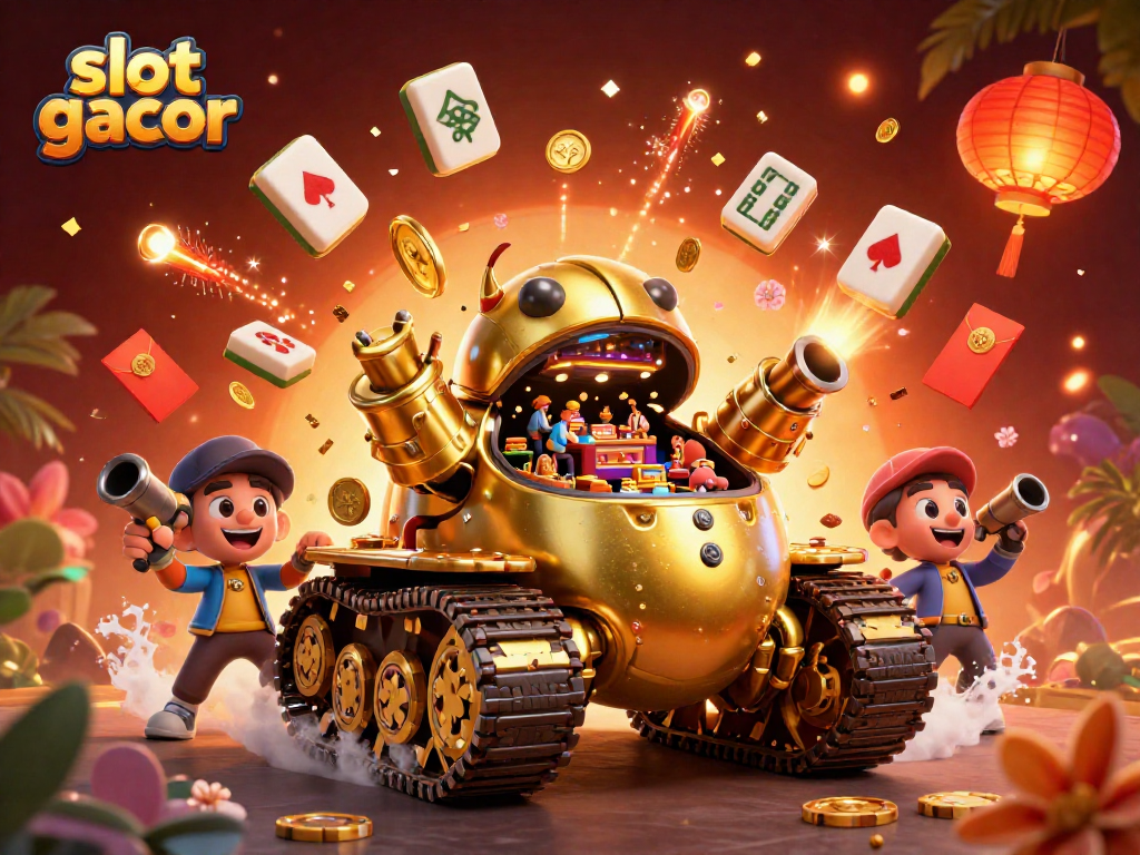 Mainkan slot gacor di kasino miniature dengan koin emas dan lampion merah menyala