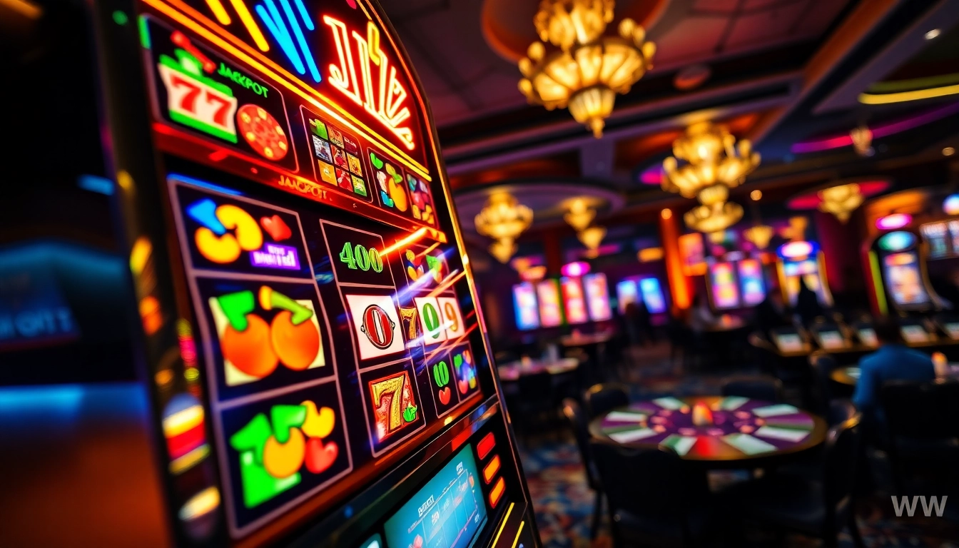 Slot mesin kasino yang menampilkan kemenangan jackpot yang mengesankan dan penuh warna.