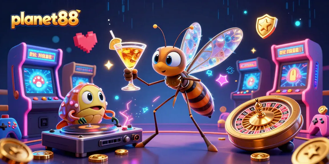 Experience fun at planet88, a vibrant casino scene with animated characters and game elements.