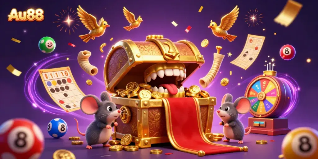 Experience the excitement of Au88 Casino with a dynamic illustration of treasure and winning possibilities.