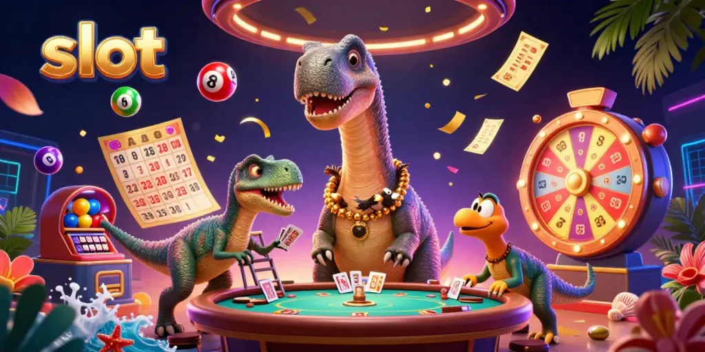 Slot yang mengasyikkan ditampilkan dengan dinosaurus kartun raksasa dan unsur-unsur kasino yang penuh warna.