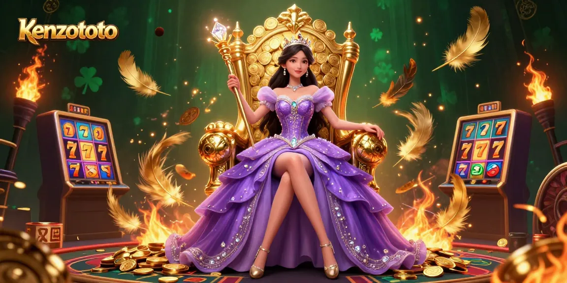 Kenzototo casino scene showing a beautiful Asian woman amidst slot reels and golden coins, engaging in festive gambling.