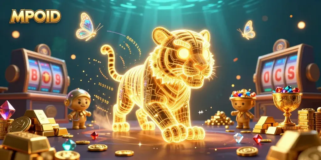 MPOID showcases thrilling online slots as the golden tiger roams a vibrant casino scene