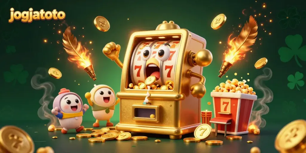 Win big at jogjatoto with a lively 3D scene featuring a golden slot machine and cheering baby machines.