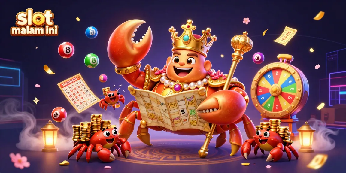 Experience slot gacor malam ini with a vibrant scene of a golden crab emperor and dynamic gaming elements.
