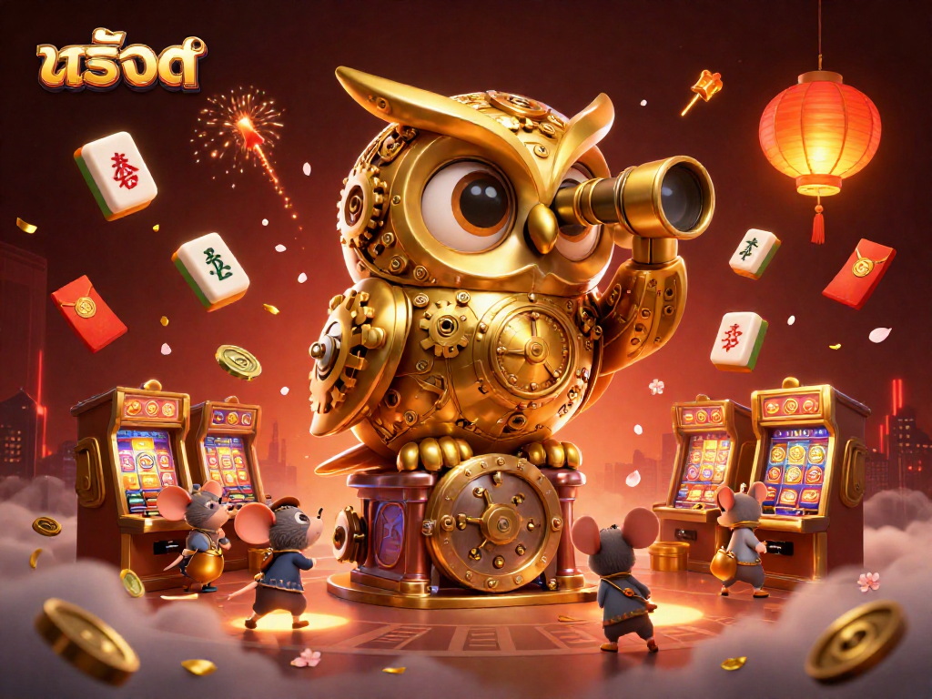 Engage in thrilling สล็อต gameplay featuring a golden owl scanning the casino for winning opportunities.