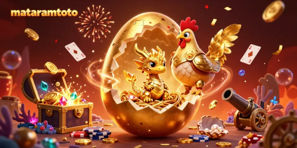 Mataramtoto showcases a vibrant scene with a golden dragon and poker chips amidst casino elements.