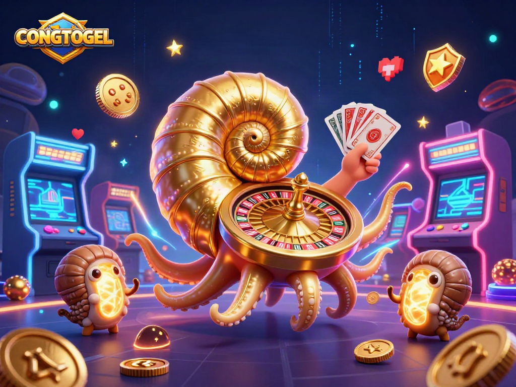 Place your bets with CONGTOGEL's vibrant 3D casino illustration featuring a giant nautilus and arcade game elements.