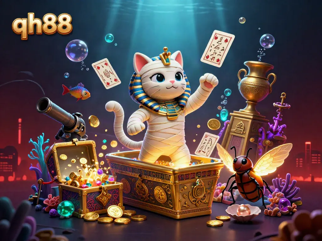 Experience the thrill of qh88 with a cartoon mummy cat and glowing scarab in a vibrant casino scene.