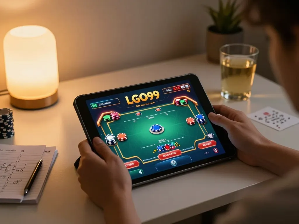 LGO99 player engaging in poker on a tablet, surrounded by strategy notes and warm lighting