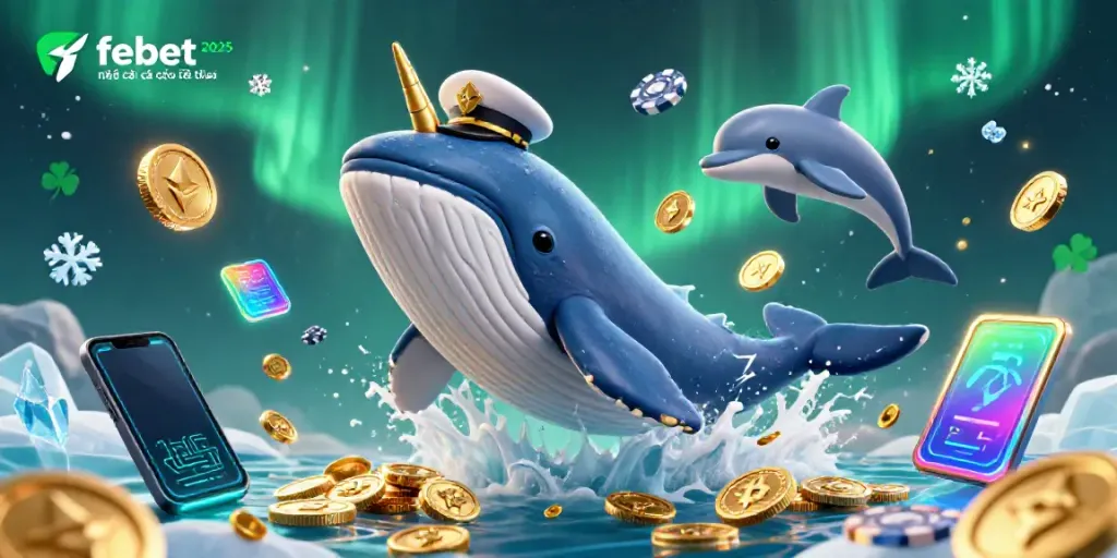 Experience the thrill of febet 2025 nhà cái cá cược thể thao with dynamic 3D whale and playful dolphins in a vibrant sea of gold coins.
