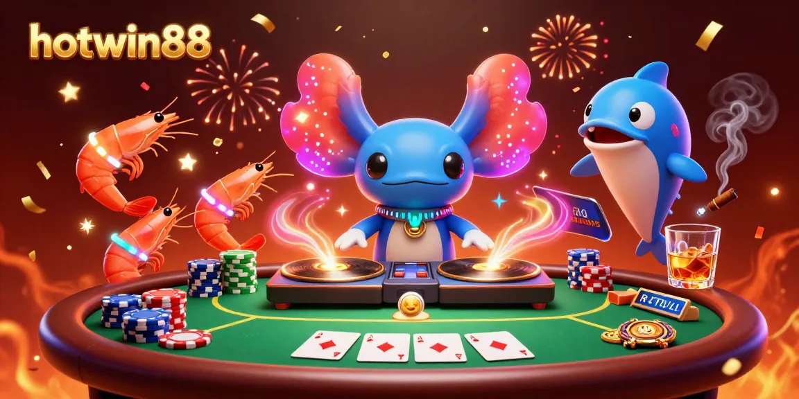 Engage with hotwin88's vibrant gaming scene featuring a lively axolotl DJ and friends at a bustling casino.