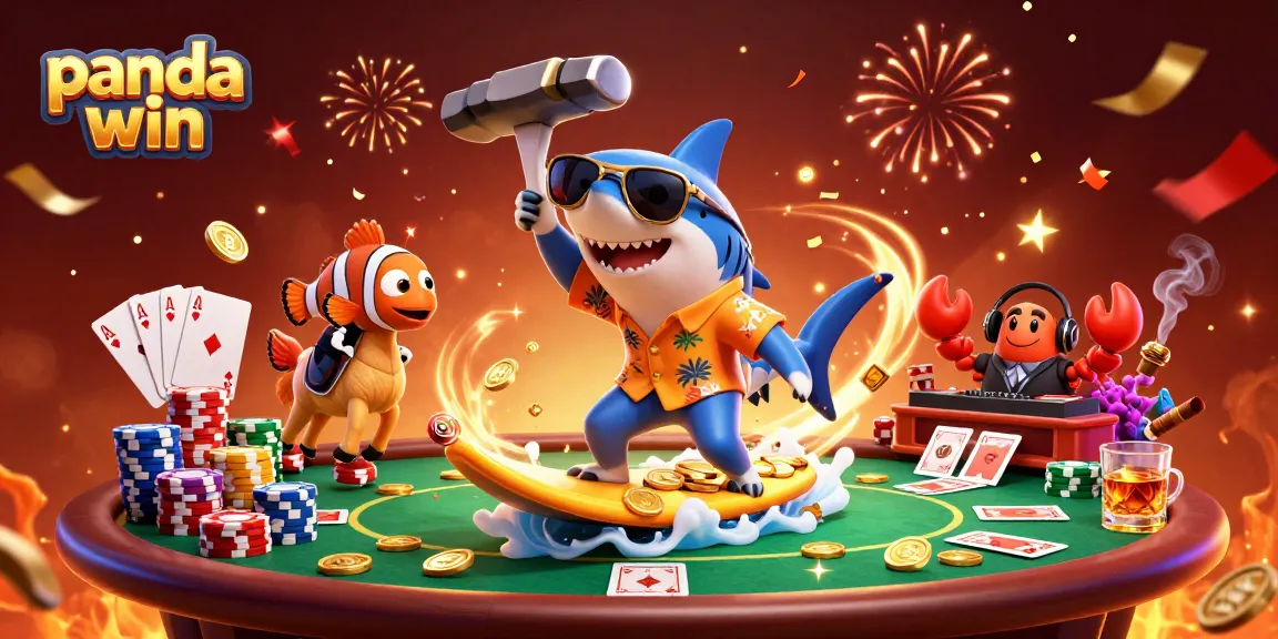 Experience the panda win adventure with a shark, clownfish, and crab celebrating casino thrills.