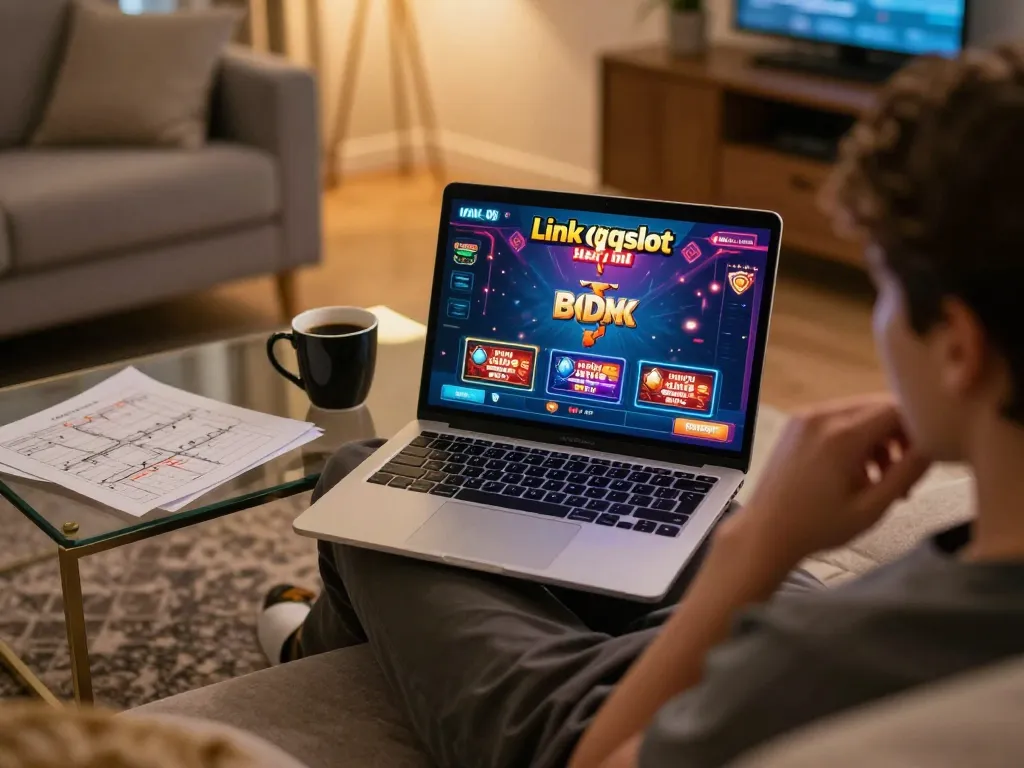 Engaging online gaming scene showcasing link qqslot hari ini with a cozy player using a laptop