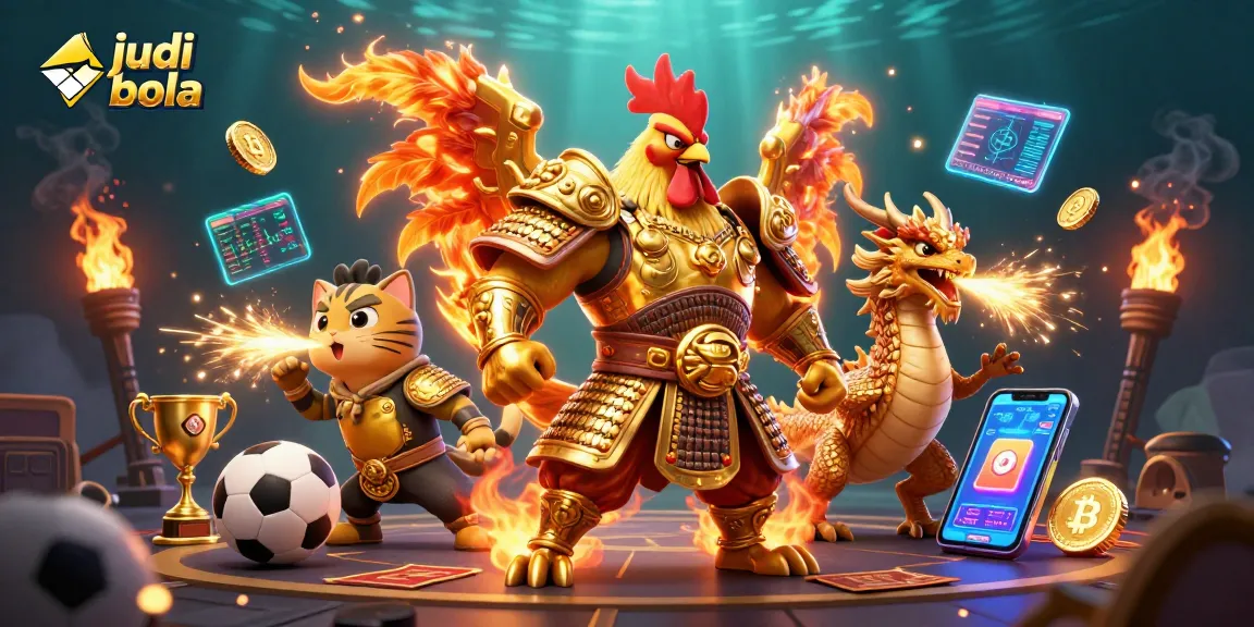 Engage in judi bola with vibrant 3D illustration showcasing a dynamic sports betting scene featuring a courageous rooster warrior.