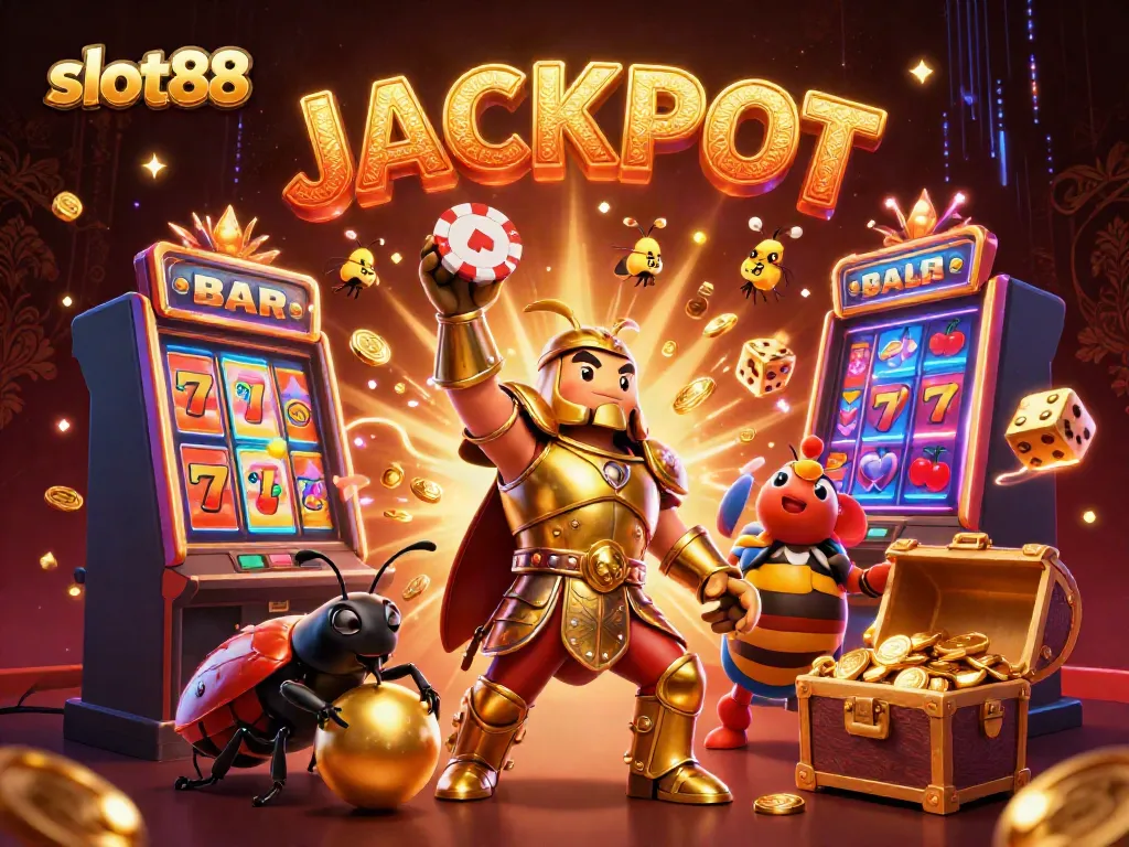 Experience the excitement of slot88 with a victorious hercules beetle and golden symbols celebrating a jackpot!