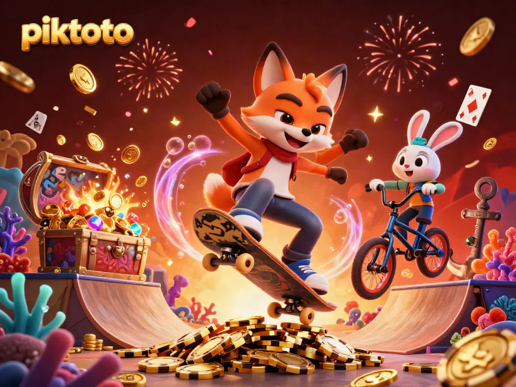 Piktoto gamers enjoy thrilling action with a skateboarder fox and BMX rabbit amid golden poker chips.