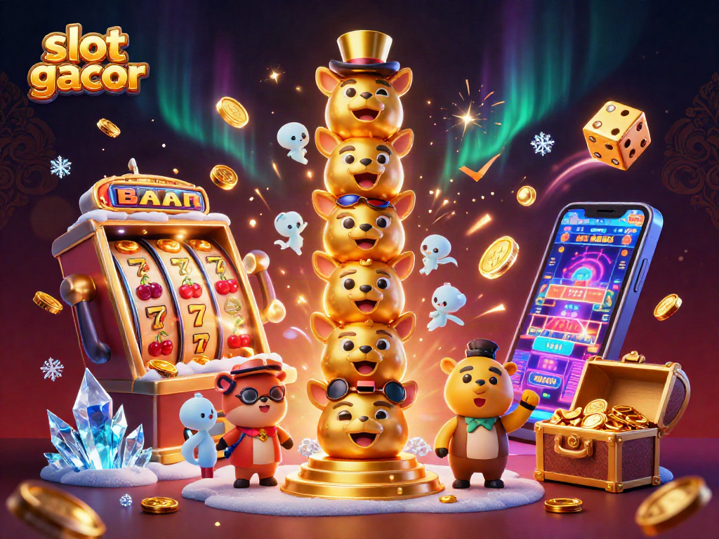 Permainan slot gacor penuh warna dengan mesin slot besar dan simbol keberuntungan.