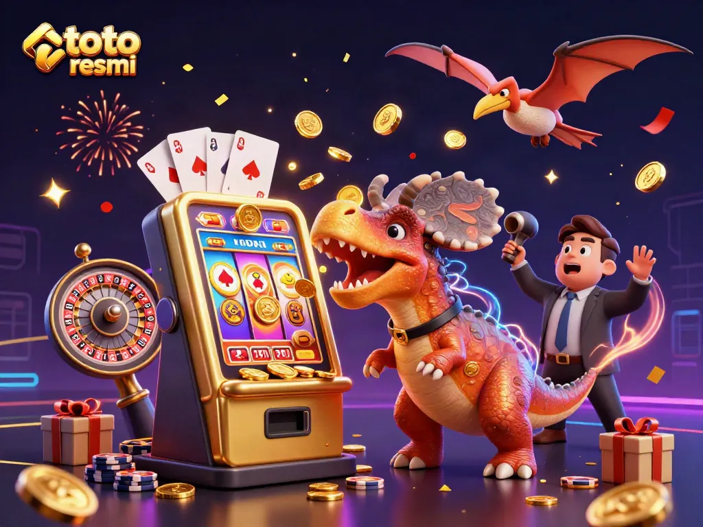 Menangkan jackpot pada mesin slot di toto resmi dengan karakter dinosaur dan suasana kasino yang meriah.