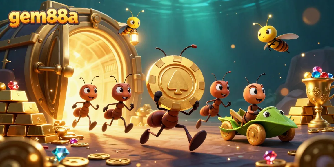 Experience gem88a with a fun 3D heist featuring ants carrying a giant poker chip in a dynamic casino scene.