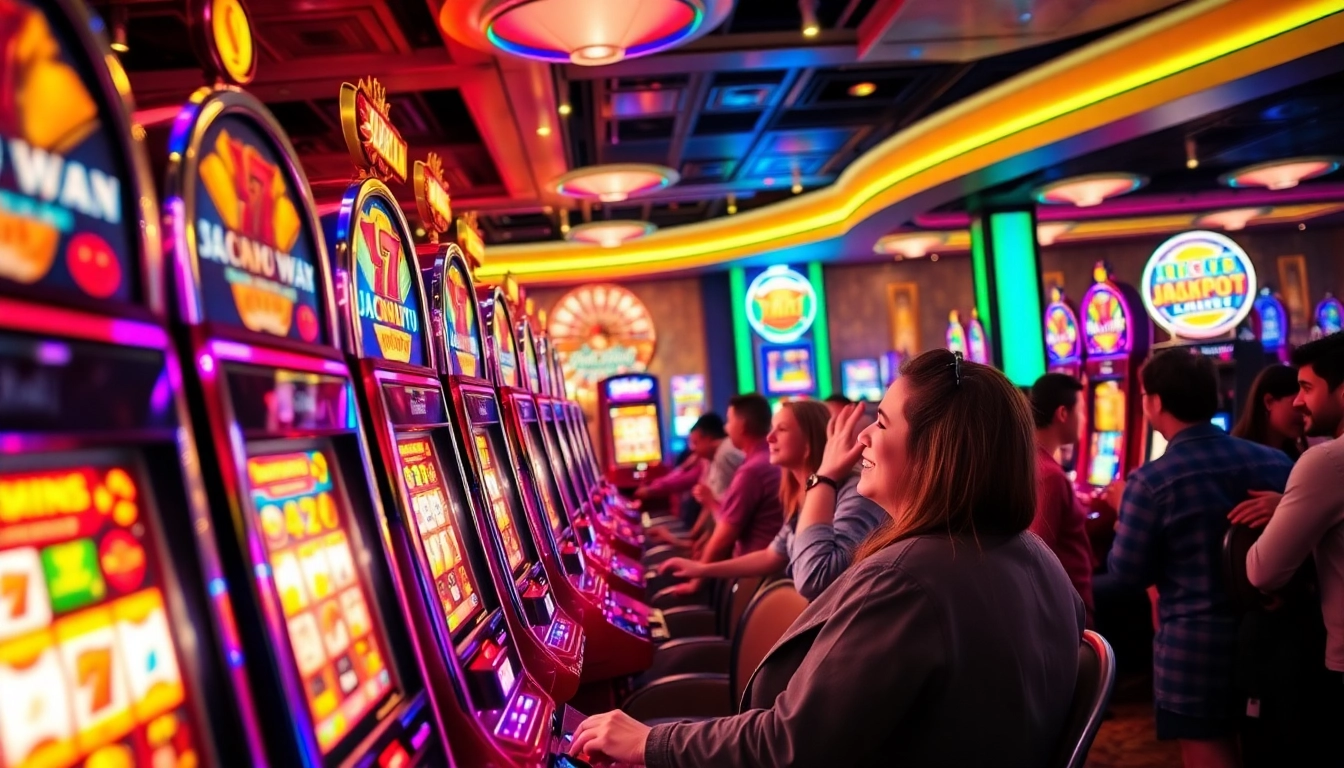 Engaging slot machine scene with players celebrating wins in a vibrant casino atmosphere.