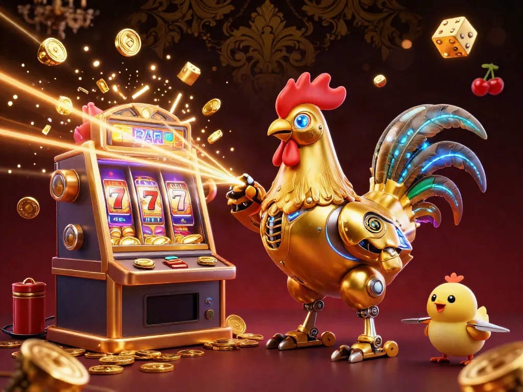 MPO08 showcases a vibrant casino scene with a golden rooster robot, slot machines, and glowing dice.