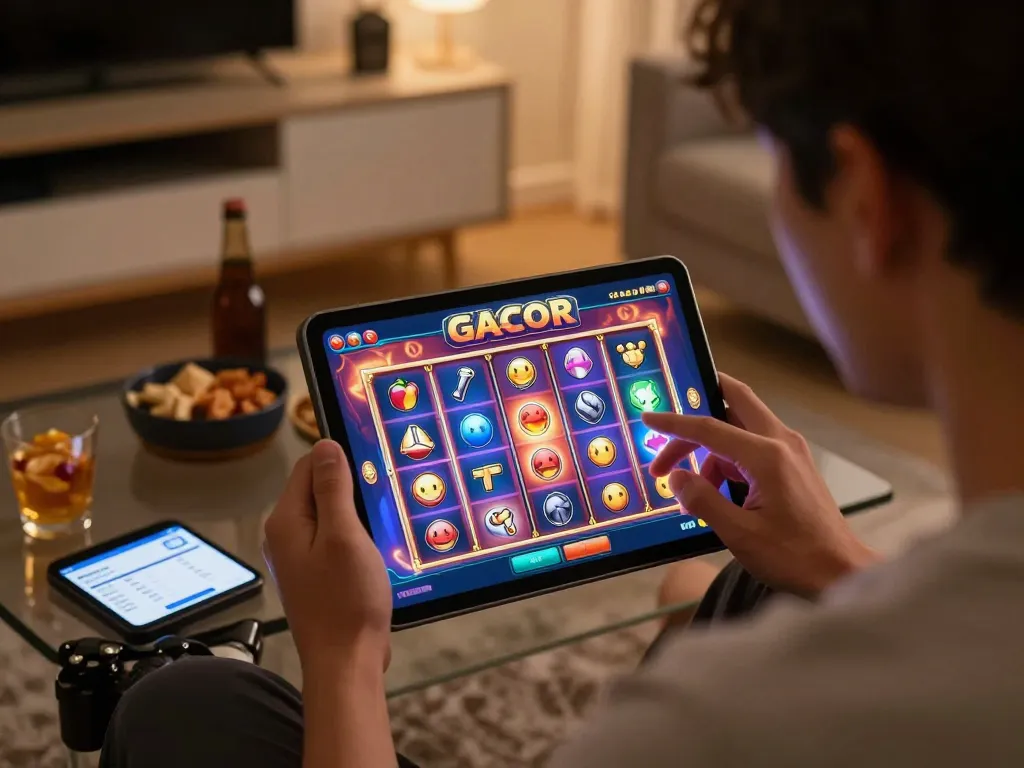Engaging moment of playing slot gacor gampang menang on a tablet at home, vibrant game interface visible, promoting responsible gambling.