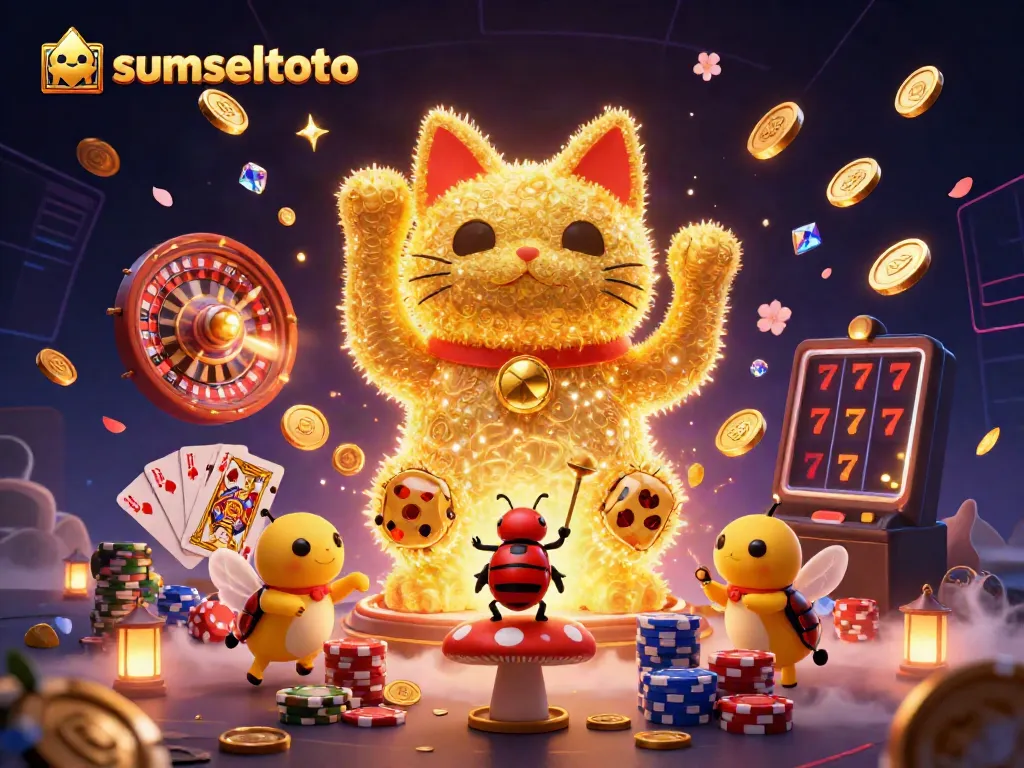 Sumseltoto's vibrant casino scene captures players' excitement with golden fireflies, lucky cat, and thrilling game symbols.