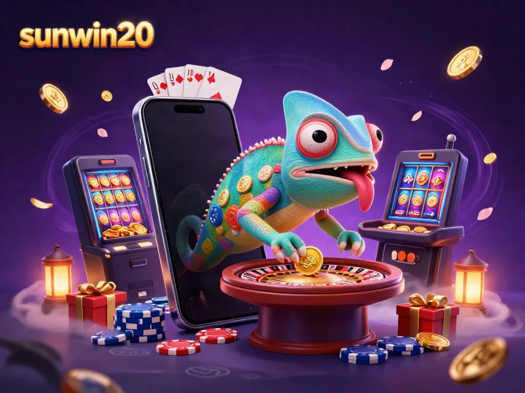 Experience thrilling gameplay at sunwin20, where a colorful chameleon watches the casino excitement unfold, surrounded by golden coins and vibrant games.